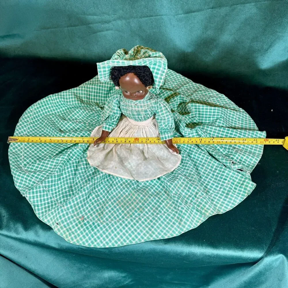 Vintage Handmade African American Doll Folk Art Decor Green Gingham Dress
